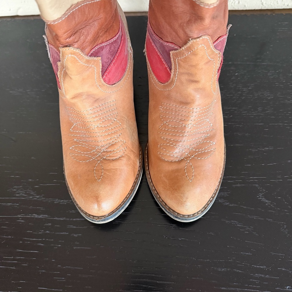 Aldo Women's Multi Color Sewn Leather Western Boots Suede Coyote Boho Cowgirl 7 - Picture 4 of 8